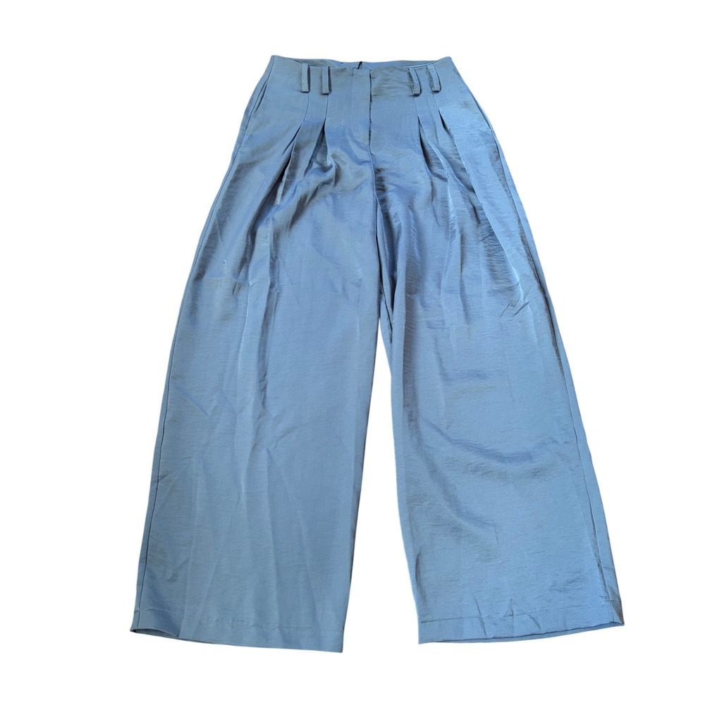 NWT NSR Satin Slate Blue Pleated Wide Leg Trousers High Rise Medium Summer Luxe